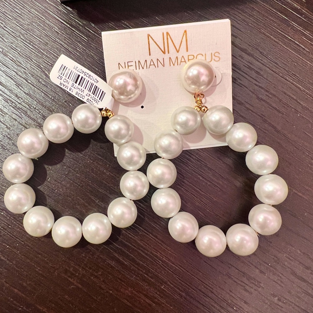 NWT Pearl Hoop Stud Earrings Gold and White Neiman Marcus